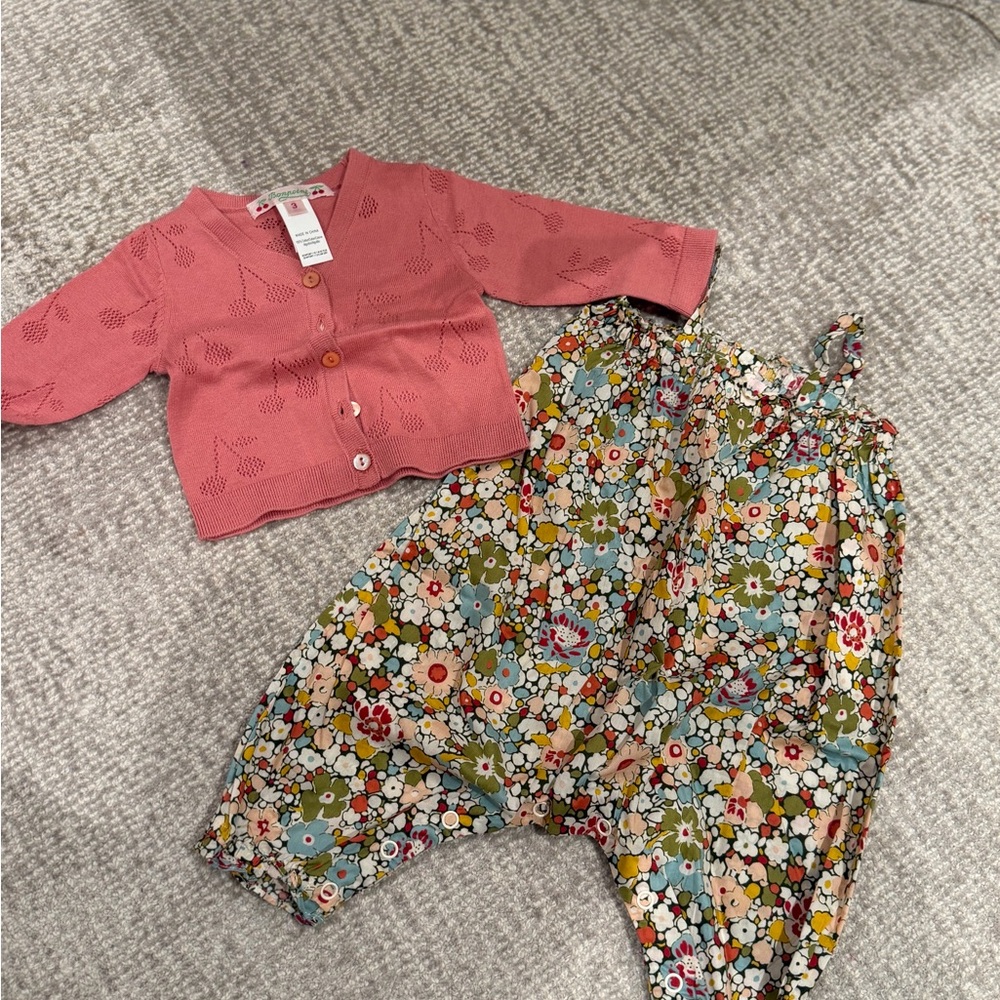 Bonpoint Pink Cardigan and Floral One Piece Set